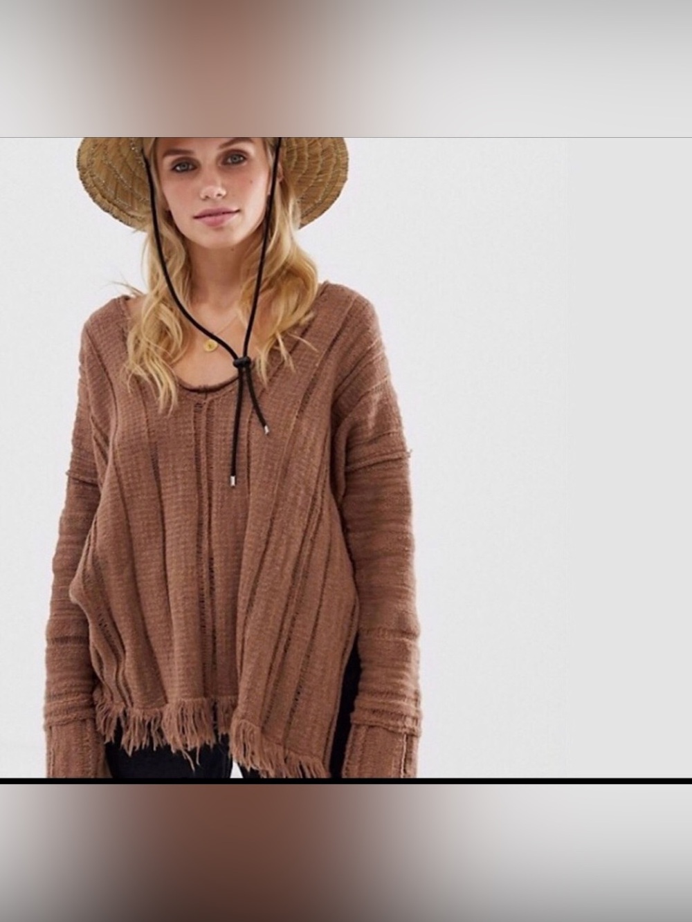Free People Rustic Brown Fringe Scoop Neck Sweater